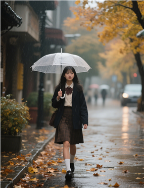 秋天下雨街头撑伞美女摄影图片